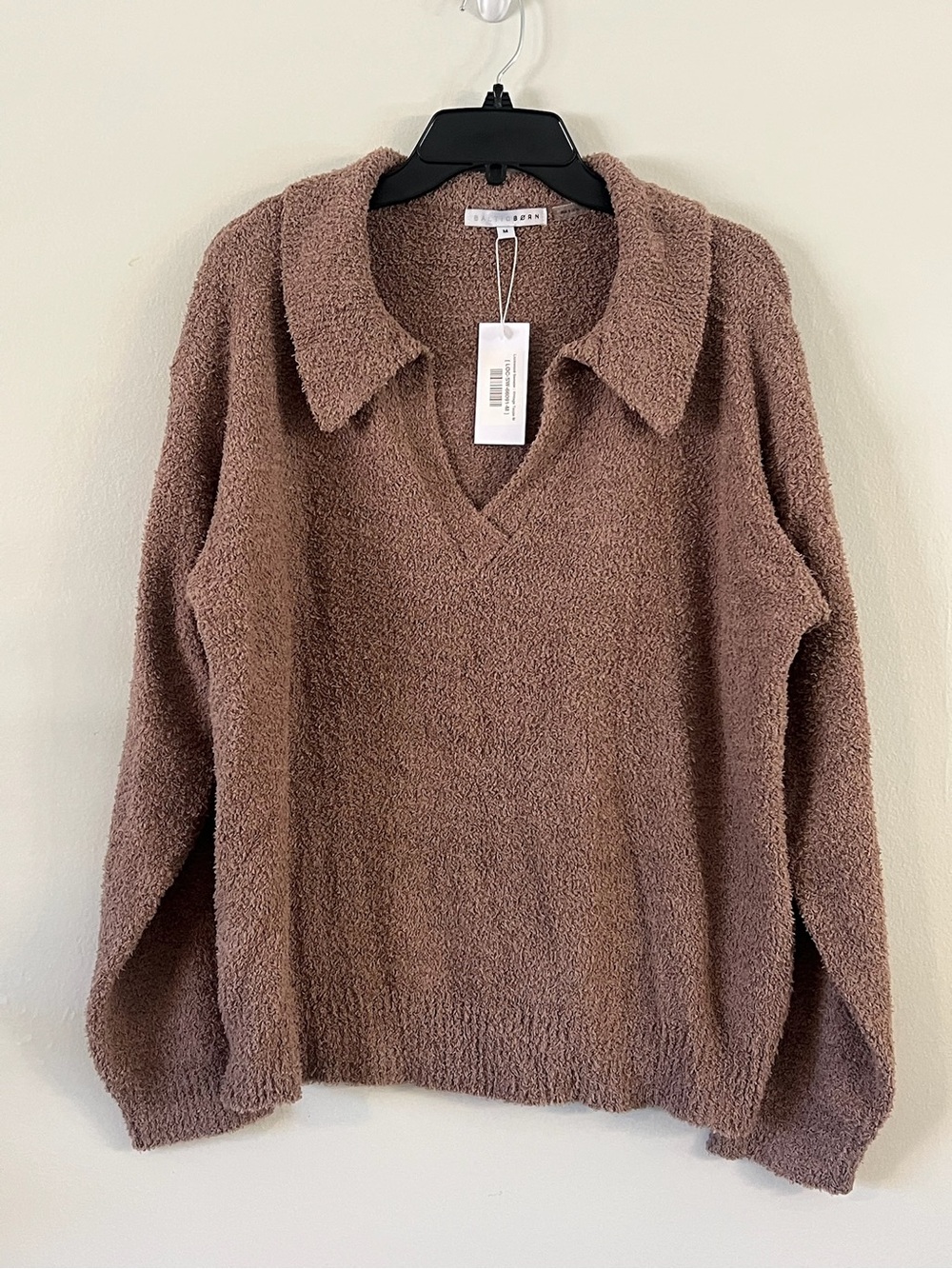 Baltic Born Textured V-Neck Collared Sweater in Taupe Brown